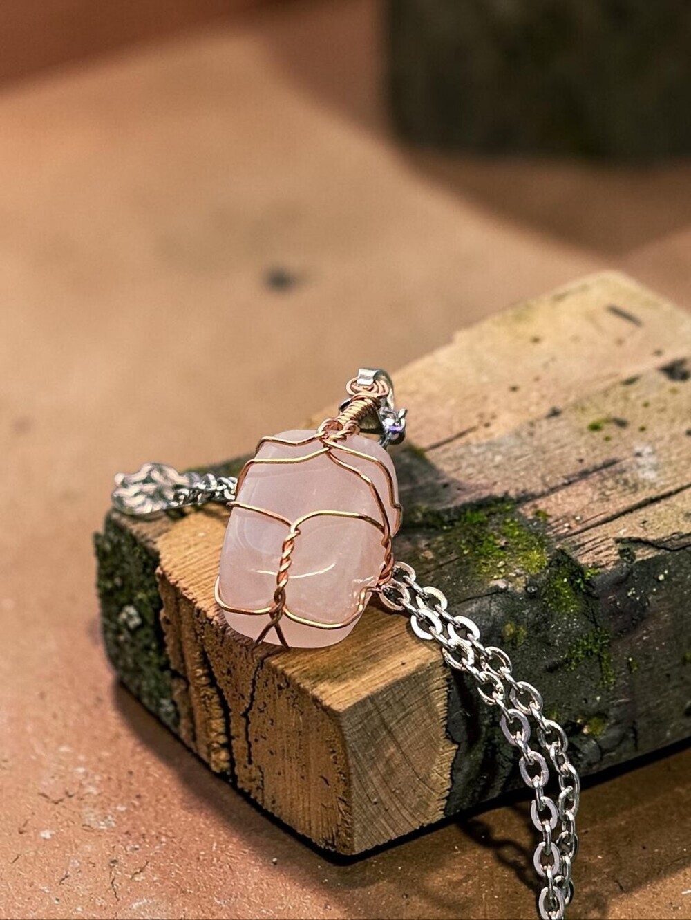 Rose Quartz Wire-Wrap Pendant Necklace - Pink Crystal Jewelry